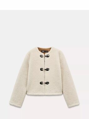 Zara Ivory Teddy Toggle Coat with Black Accents